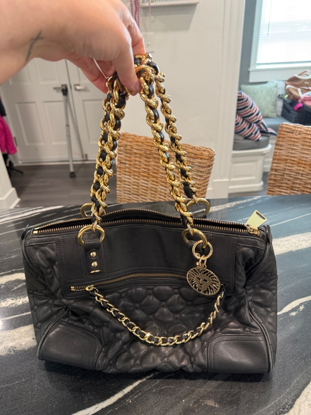 Anne Klein Black Quilted Shoulder Bag with Gold Chain Handles